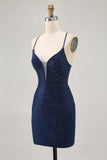 Dark Blue Beaded Spaghetti Straps Bodycon Homecoming Dress