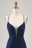 Dark Blue Beaded Spaghetti Straps Bodycon Homecoming Dress