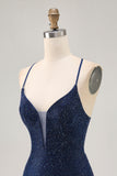 Dark Blue Beaded Spaghetti Straps Bodycon Homecoming Dress