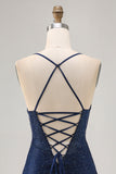 Dark Blue Beaded Spaghetti Straps Bodycon Homecoming Dress