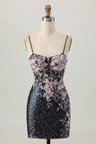 Sparkly Black Pink Floral Corset Short Homecoming Dress with Sequins