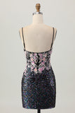 Sparkly Black Pink Floral Corset Short Homecoming Dress with Sequins