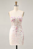 Sparkly Black Pink Floral Corset Short Homecoming Dress with Sequins