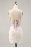 Sparkly Black Pink Floral Corset Short Homecoming Dress with Sequins