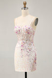 Sparkly Black Pink Floral Corset Short Homecoming Dress with Sequins