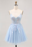 Sparkly Blue A-line Tulle Sequins Short Homecoming Dress with Lace Up Back