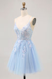 Sparkly Blue A-line Tulle Sequins Short Homecoming Dress with Lace Up Back