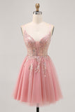 Sparkly Blush A-line Tulle Sequins Short Homecoming Dress with Lace Up Back