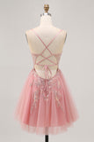 Sparkly Blush A-line Tulle Sequins Short Homecoming Dress with Lace Up Back