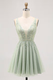 Green A-line Tulle Backless Beaded Short Homecoming Dress with Sequins