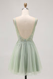 Green A-line Tulle Backless Beaded Short Homecoming Dress with Sequins