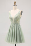 Green A-line Tulle Backless Beaded Short Homecoming Dress with Sequins