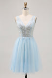 Sparkly Blue A-line Tulle Short Homecoming Dress with Sequins