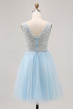 Sparkly Blue A-line Tulle Short Homecoming Dress with Sequins