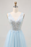 Sparkly Blue A-line Tulle Short Homecoming Dress with Sequins