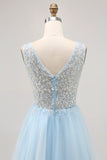 Sparkly Blue A-line Tulle Short Homecoming Dress with Sequins