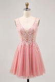A-line Tulle Blush Sequins Backless Short Homecoming Dress with Beading