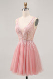 A-line Tulle Blush Sequins Backless Short Homecoming Dress with Beading