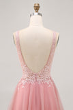 A-line Tulle Blush Sequins Backless Short Homecoming Dress with Beading