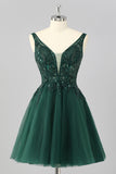 Sparkly Dark Green A Line V-Neck Short Homecoming Dress