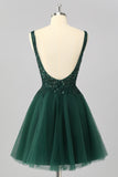 Sparkly Dark Green A Line V-Neck Short Homecoming Dress