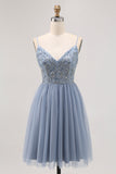 Grey Blue A-line Tulle Short Homecoming Dress with Beading