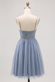 Grey Blue A-line Tulle Short Homecoming Dress with Beading