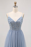 Grey Blue A-line Tulle Short Homecoming Dress with Beading