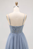 Grey Blue A-line Tulle Short Homecoming Dress with Beading