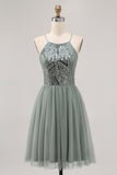 Grey Green A-line Tulle Sequins Short Homecoming Dress with Sequins