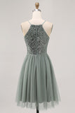 Grey Green A-line Tulle Sequins Short Homecoming Dress with Sequins