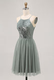 Grey Green A-line Tulle Sequins Short Homecoming Dress with Sequins