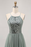 Grey Green A-line Tulle Sequins Short Homecoming Dress with Sequins