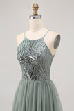 Grey Green A-line Tulle Sequins Short Homecoming Dress with Sequins