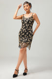 Black Golden Spaghetti Straps Sequins 1920s Dress with Accessories Set