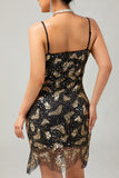 Black Golden Spaghetti Straps Sequins 1920s Dress with Accessories Set