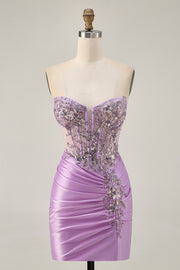 Sparkly Lilac Bodycon Strapless Short Homecoming Dress with Lace Up Back