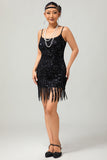 Black Spaghetti Straps Fringed Sequins 1920s Dress with Accessories Set