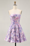 Lilac Strapless A Line Brocade Floral Ruffle Short Homecoming Dress