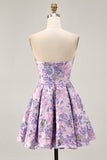 Lilac Strapless A Line Brocade Floral Ruffle Short Homecoming Dress
