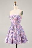 Lilac Strapless A Line Brocade Floral Ruffle Short Homecoming Dress