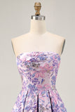 Brocade Lilac Strapless A Line Floral Short Homecoming Dress