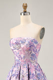 Brocade Lilac Strapless A Line Floral Short Homecoming Dress
