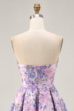 Brocade Lilac Strapless A Line Floral Short Homecoming Dress