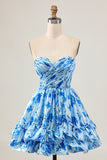 Strapless A Line Blue Floral Short Ruched Homecoming Dress