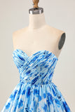 Strapless A Line Blue Floral Short Ruched Homecoming Dress