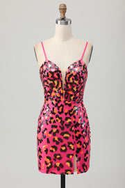 Fuchsia Bodycon Spaghetti Straps Sequins Homecoming Dress with Slit