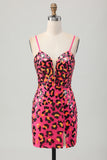 Sequin Fuchsia Spaghetti Straps Tight Homecoming Dress with Slit