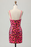 Sequin Fuchsia Spaghetti Straps Tight Homecoming Dress with Slit
