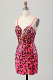 Fuchsia Bodycon Spaghetti Straps Sequins Homecoming Dress with Slit